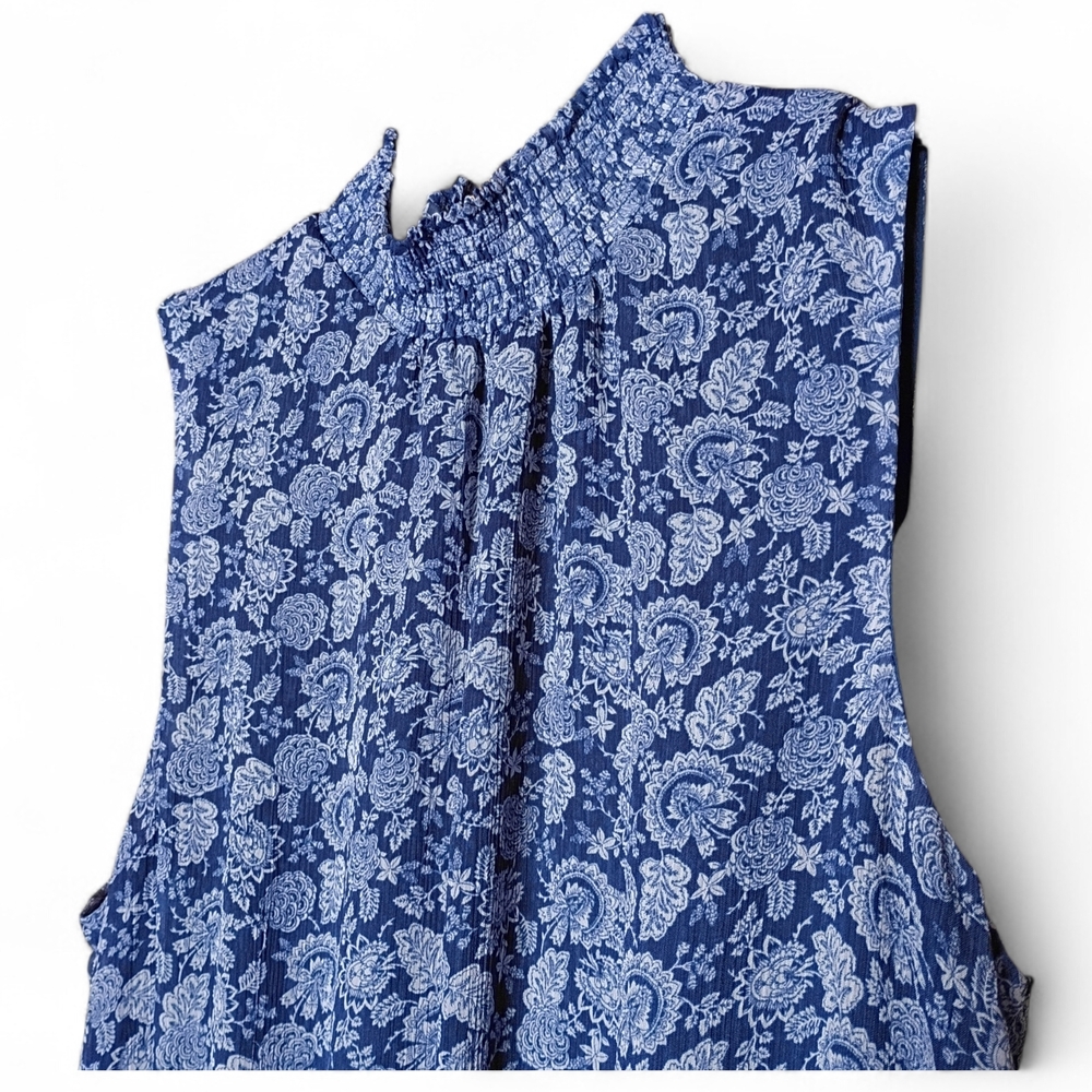 EUC 1. STATE Blue Floral High Neck Sleeveless Ruffle Smocked‎ Dress Size L - Picture 3 of 7